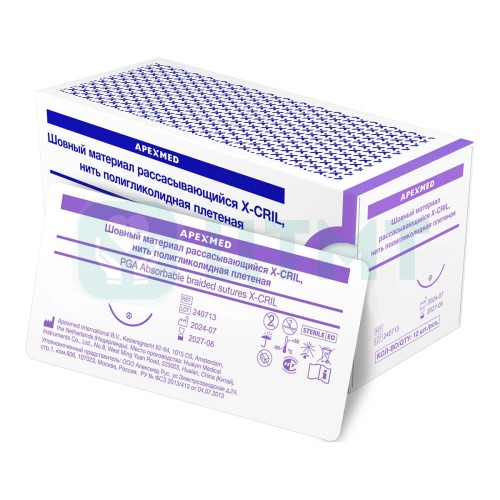 Шовный материал рассасывающийся X-CRIL, нить полигликолидная плетеная с колюще-режущей иглой (Tapercut) 17 мм, 3/8, 4/0 (1.5), 45 см