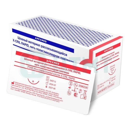 Шовный материал рассасывающийся X-CRIL RAPID, нить полигликолидная плетеная с колюще-режущей иглой (Tapercut) 17 мм, 3/8, 4/0 (1.5), 75 см