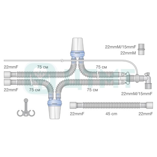 Контур дыхательный для аппаратов ИВЛ с влагосборниками, взрослый, гофрированный, в составе: трубки вдоха/выдоха разделенные влагосборник