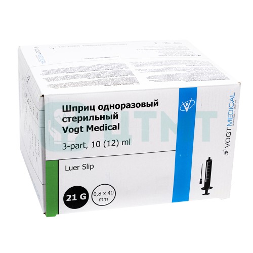 Шприц 3-комп, одноразовый, 10 мл, игла 21G (0,8х40), Luer Slip, стерильный